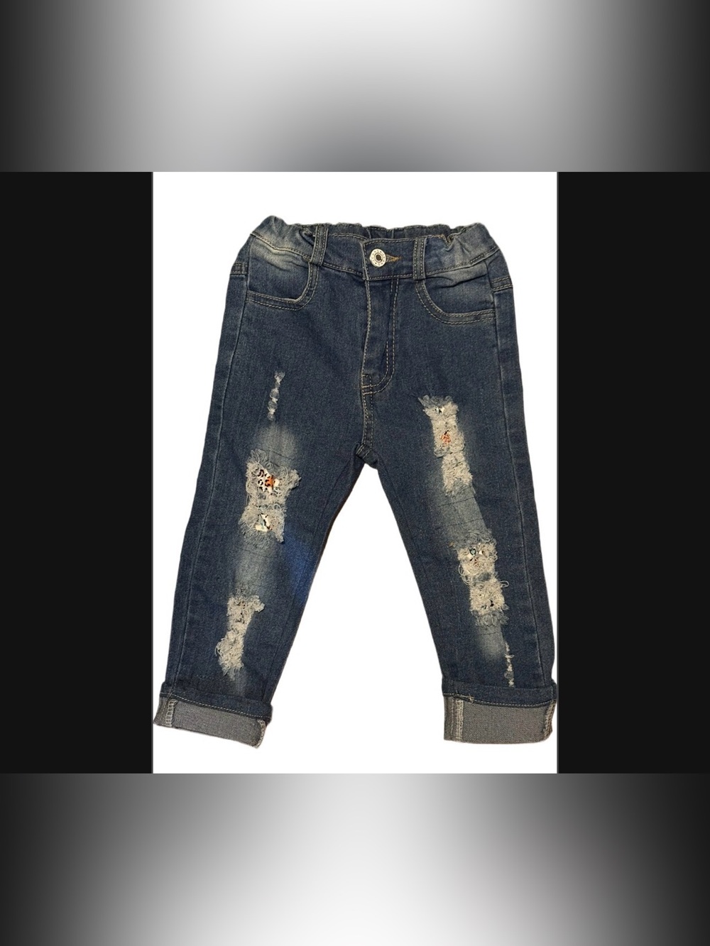 Girls Dark Blue Distressed Denim Jeans with Rolled Cuffs